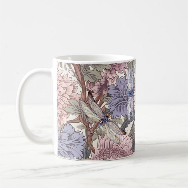 Dragonfly Peony Pink Light Purple French Floral Coffee Mug (Left)