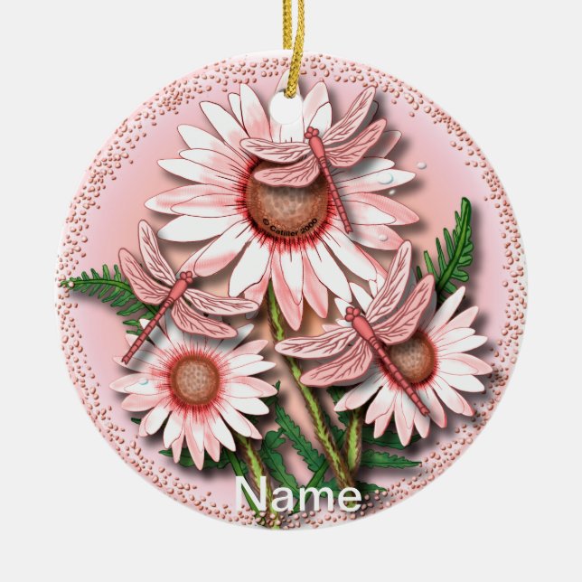 Dragonfly Pink Daisies  Ceramic Ornament (Front)
