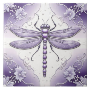 Dragonfly Purple and White Flower Art Ceramic Tile