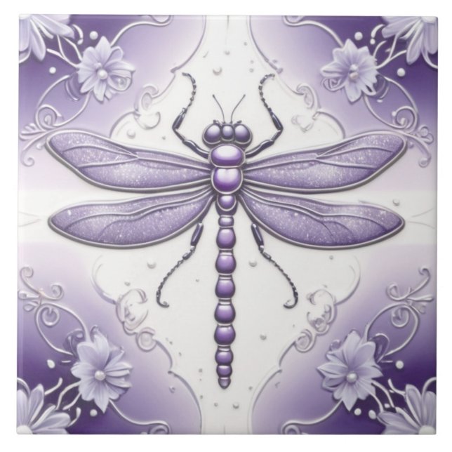 Dragonfly Purple and White Flower Art Ceramic Tile (Front)