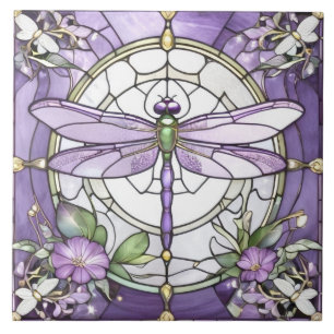 Dragonfly Purple and White Stained Glass Flower Ceramic Tile