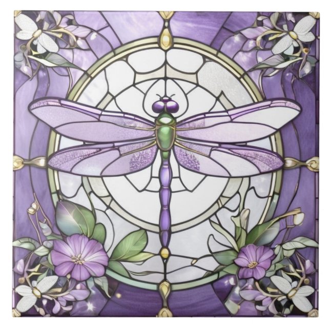 Dragonfly Purple and White Stained Glass Flower Ceramic Tile (Front)