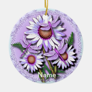 Dragonfly Purple Daisies  Ceramic Ornament
