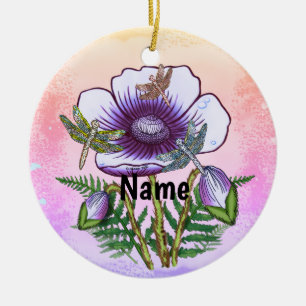 Dragonfly Purple Poppy Ceramic Ornament