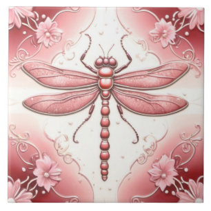 Dragonfly Red and White Flower Art Ceramic Tile