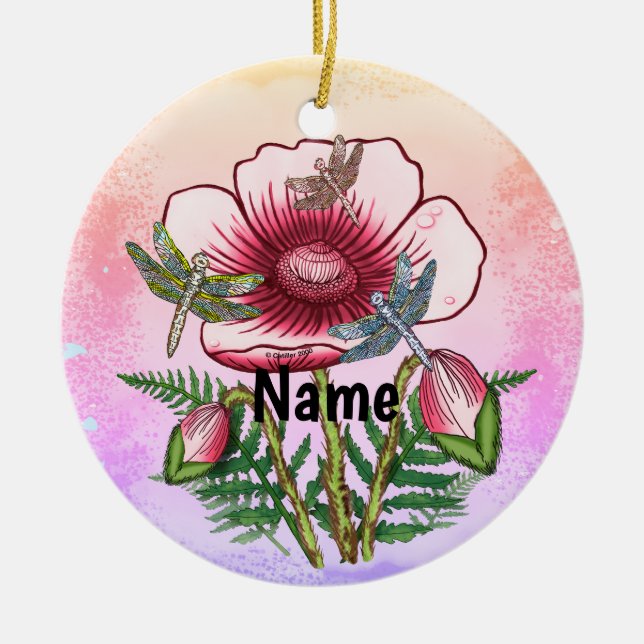 Dragonfly Red Poppy  Ceramic Ornament (Front)