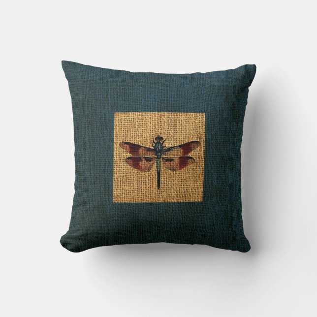 Dragonfly Rustic Deep Sea Blue Border Cushion (Front)