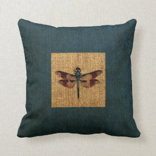 Dragonfly Rustic Deep Sea Blue Border Cushion