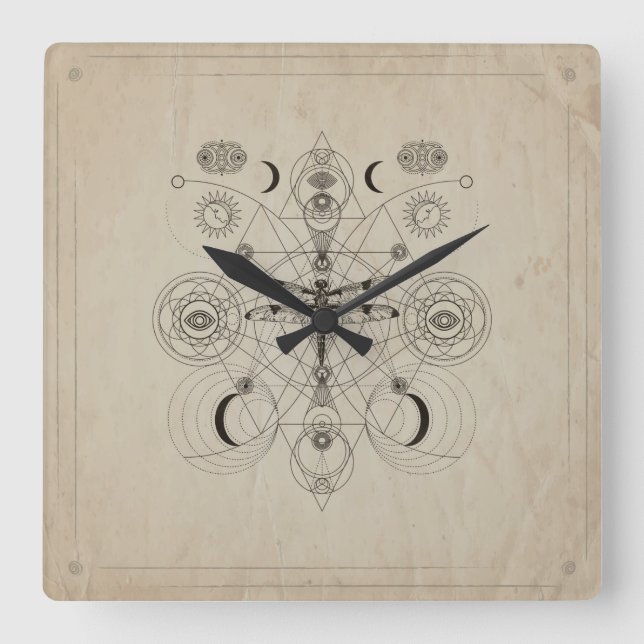 Dragonfly Sacred Geometry Composition Square Wall Clock (Front)