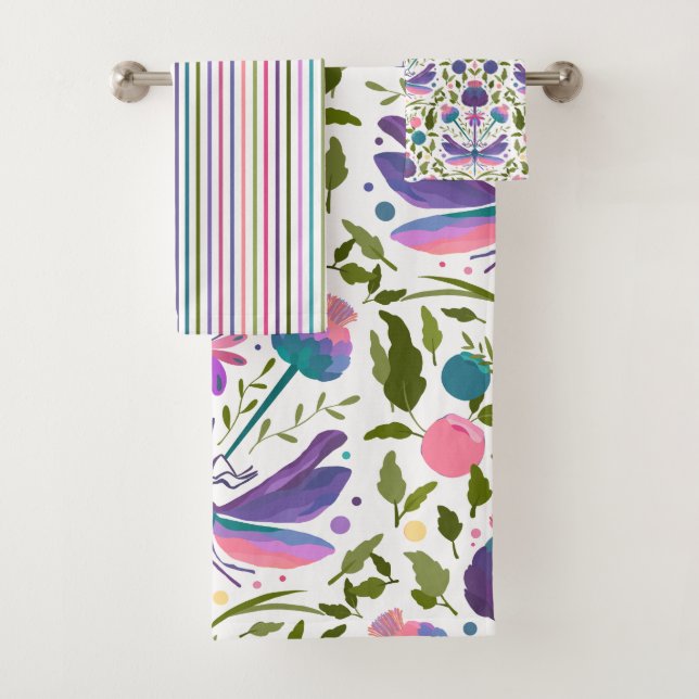 Dragonfly & Scotch Thistle Floral Towel Set (Insitu)