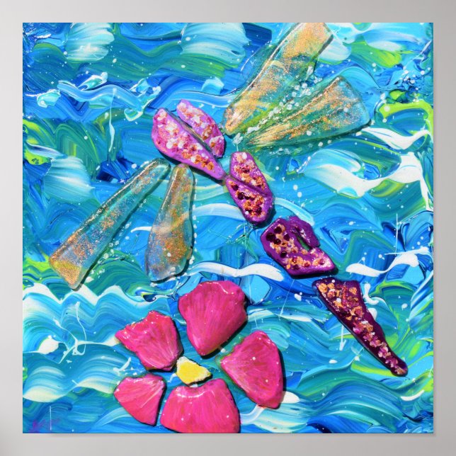 Dragonfly Sea Glass Mix Media Collage Poster (Front)