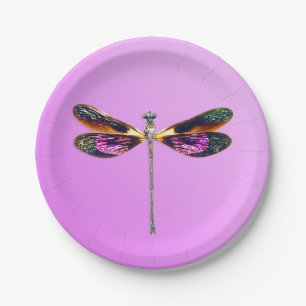 Dragonfly - silver, gold, purple on violet paper plate