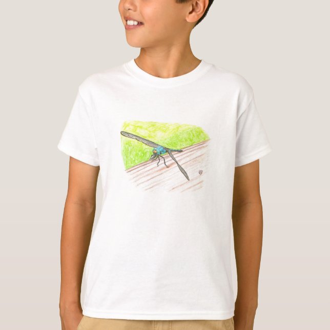 Dragonfly sitting on a rail, in watercolor tees (Front)