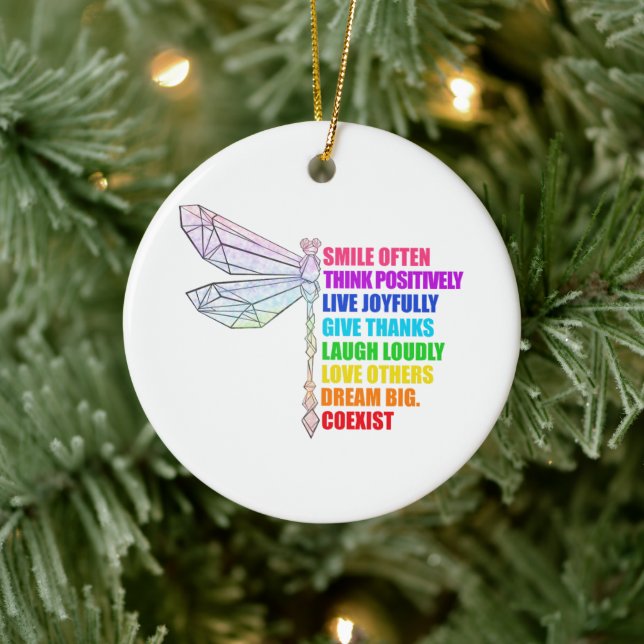 Dragonfly Smile Often Think Positively Quote Ceramic Ornament (Tree)
