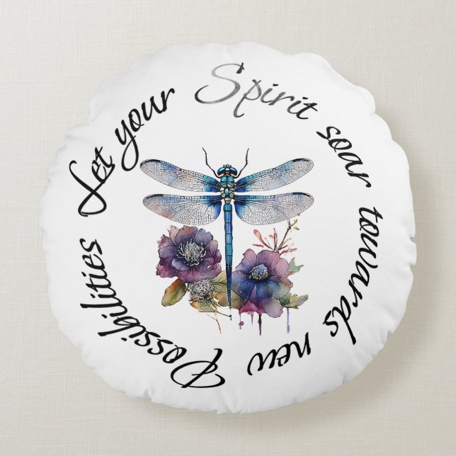 Dragonfly - spirit of new possibilities round cushion (Front)