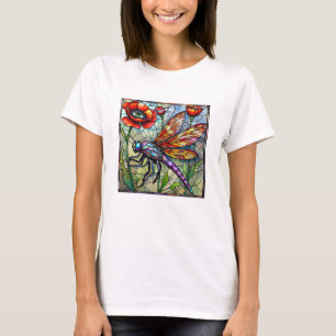 Dragonfly Stained Glass Red Poppy Flower Bug Art T-Shirt