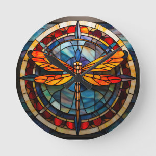 dragonfly stained glass round clock