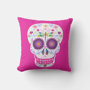 Dragonfly Sugar Skull Throw Pillow