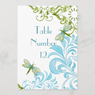 Dragonfly Swirls Scroll Modern Floral Table Number