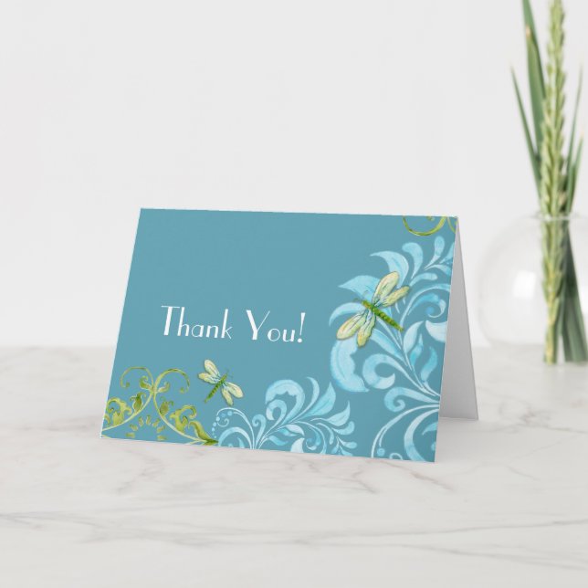 Dragonfly Swirls Scroll Modern Floral Thank You Card (Front)
