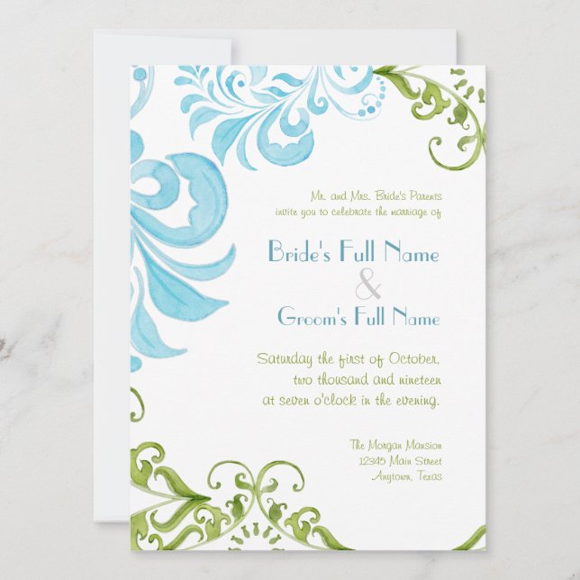 Dragonfly Swirls Watercolor Wedding Invitations (Front)