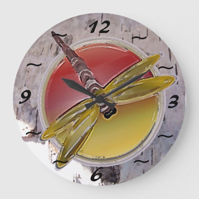 Dragonfly Symbol on Birch Bark Large Clock (Front)