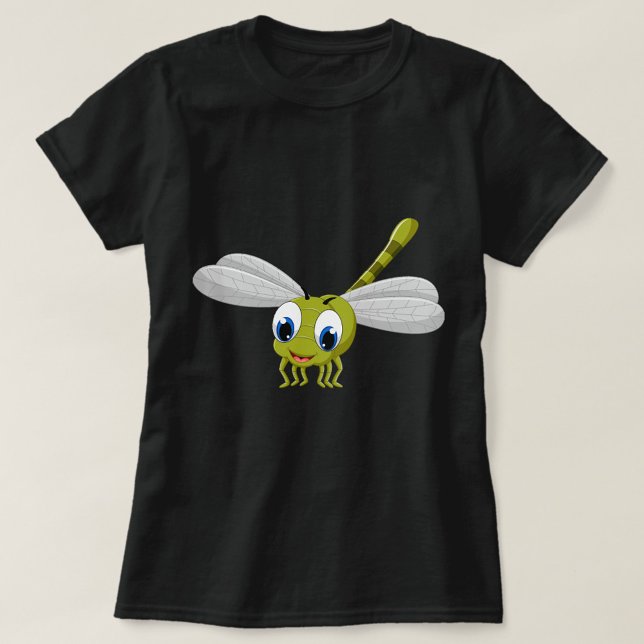 DragonFly T-Shirt (A cheerful cartoon dragonfly with big eyes and vibrant colors on a black t-shirt.)