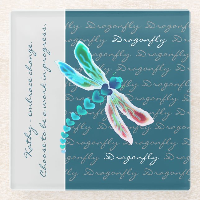 Dragonfly (Teal) - Personalised Glass Coaster (Front)
