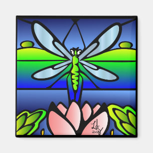 Dragonfly Tiffany Style Square Magnet