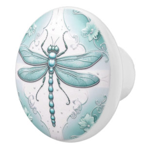 Dragonfly Turquoise and White Flower Art Teal Ceramic Knob