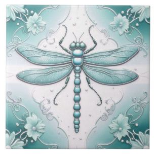Dragonfly Turquoise and White Flower Art Teal Ceramic Tile