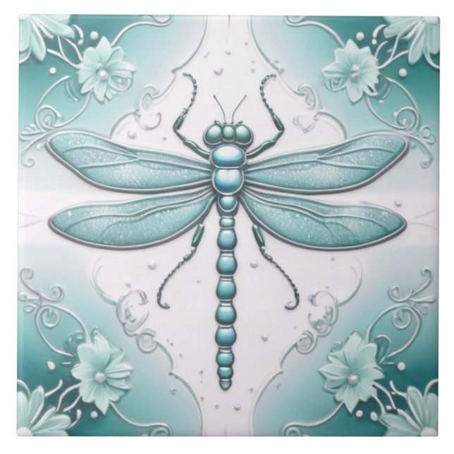 Dragonfly Turquoise and White Flower Art Teal Ceramic Tile (Front)