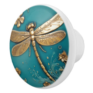 Dragonfly Turquoise Teal & Faux Gold Faux Relief Ceramic Knob