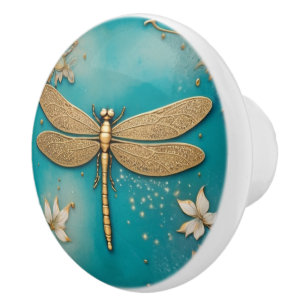 Dragonfly Turquoise Teal & Gold Faux Relief Asian Ceramic Knob