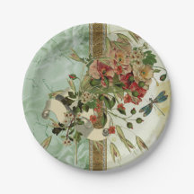 Dragonfly Vintage Floral Paper Plates Wedding