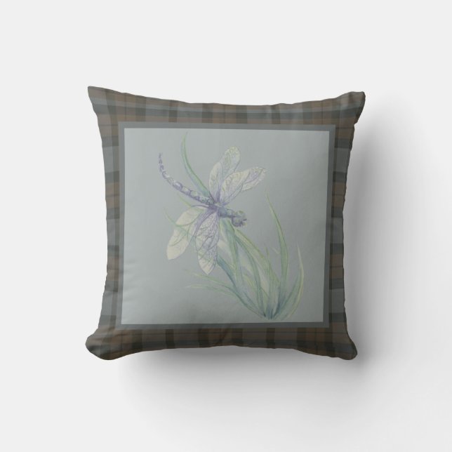 Dragonfly Watercolor Fraser Clan Tartan Plaid Cushion (Front)