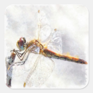 Dragonfly Watercolor Pastel White Background Square Sticker