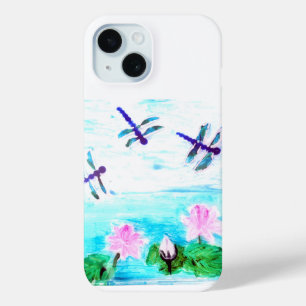 Dragonfly, Waterlily Flowers Pond Painting iPhone 15 Case
