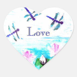 Dragonfly, Waterlily Pond Love Heart Sticker