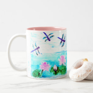 Dragonfly, Waterlily Pond Painting Two-Tone Coffee Mug