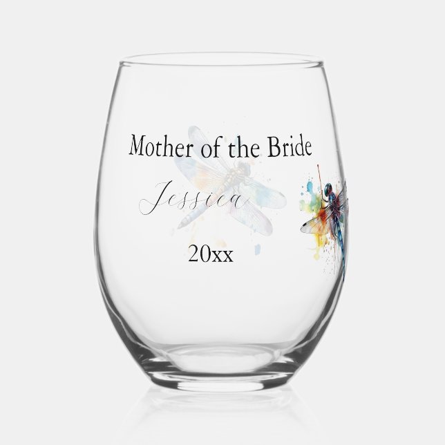 Dragonfly Wedding, custom  Stemless Wine Glass (Back)