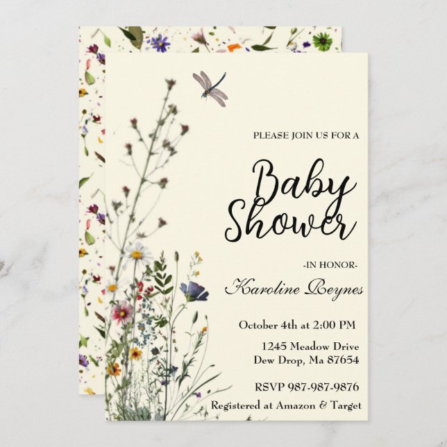 Dragonfly Wildflower Boho Baby Shower Invitation (Front/Back)