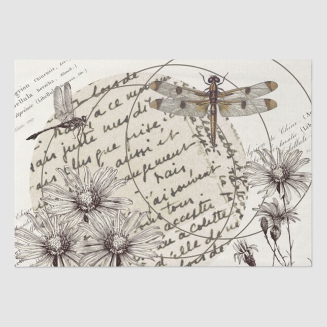 Dragonfly Wildflower Circle French Words Decoupage Tissue Paper (Front)