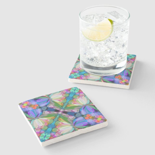 Dragonfly Wildflower Garden Abstract Floral Stone Coaster (Side)