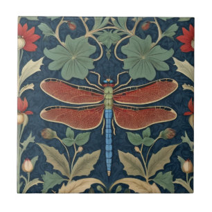 Dragonfly William Morris style Blue & Red Floral Ceramic Tile