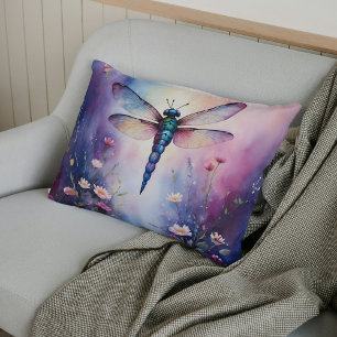 Dragonfly with Flowers Purple Watercolor Lumbar Cushion