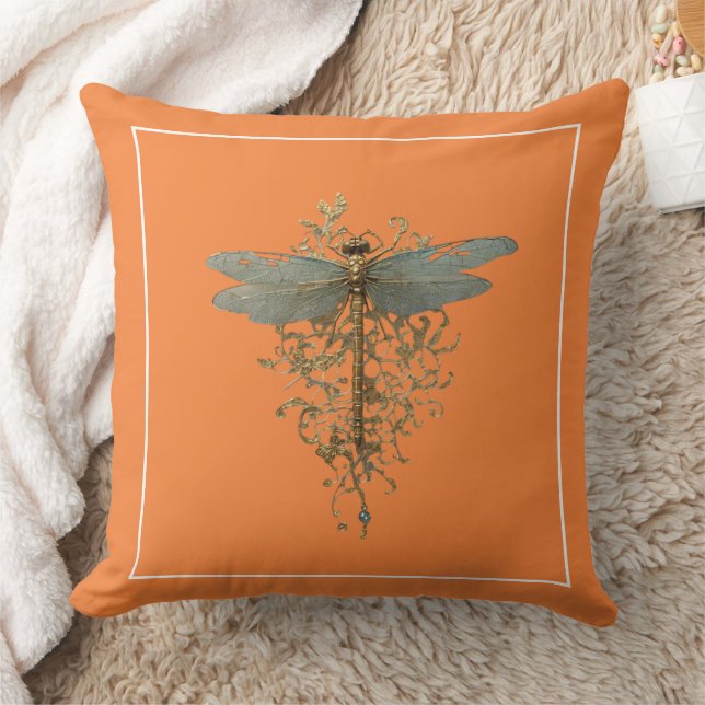 Dragonfly with Gold Filigree White Border Cushion (Blanket)