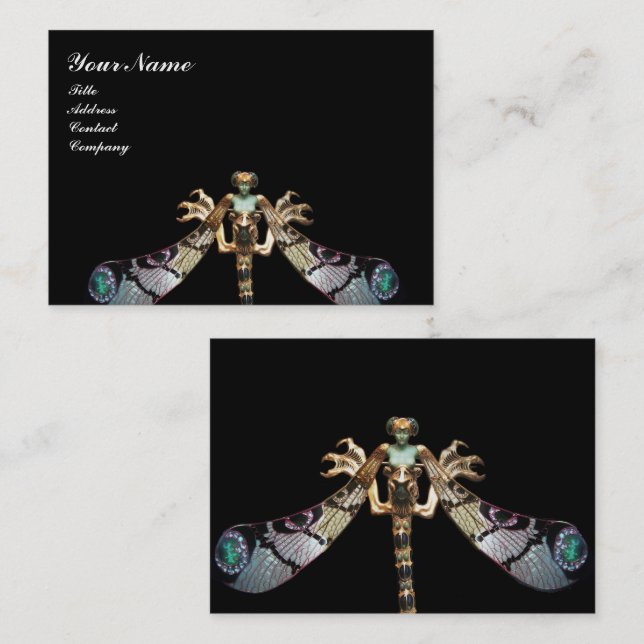 DRAGONFLY WOMAN FANTASY GOLD JEWEL Black Business Card (Front/Back)