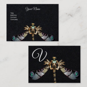 DRAGONFLY WOMAN FANTASY JEWEL Black Paper Monogram Business Card