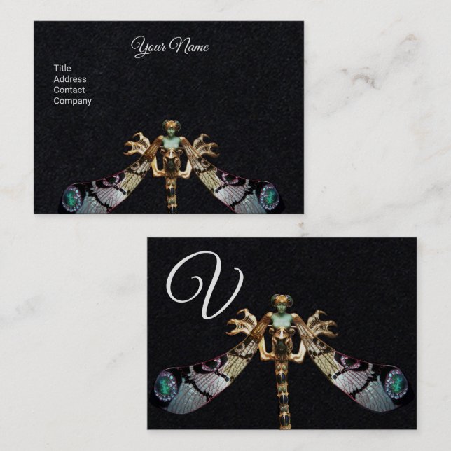DRAGONFLY WOMAN FANTASY JEWEL Black Paper Monogram Business Card (Front/Back)
